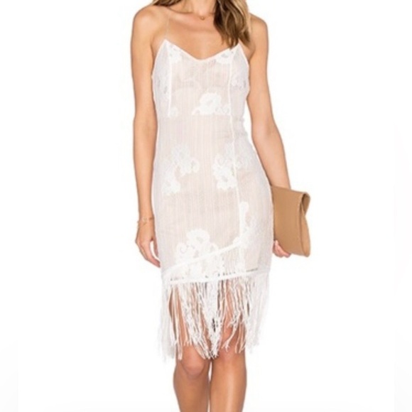 Lovers + Friends Dresses & Skirts - Lovers + Friends Dress Size M Lace Fringe Nude White Floral Mesh Spaghetti Vneck